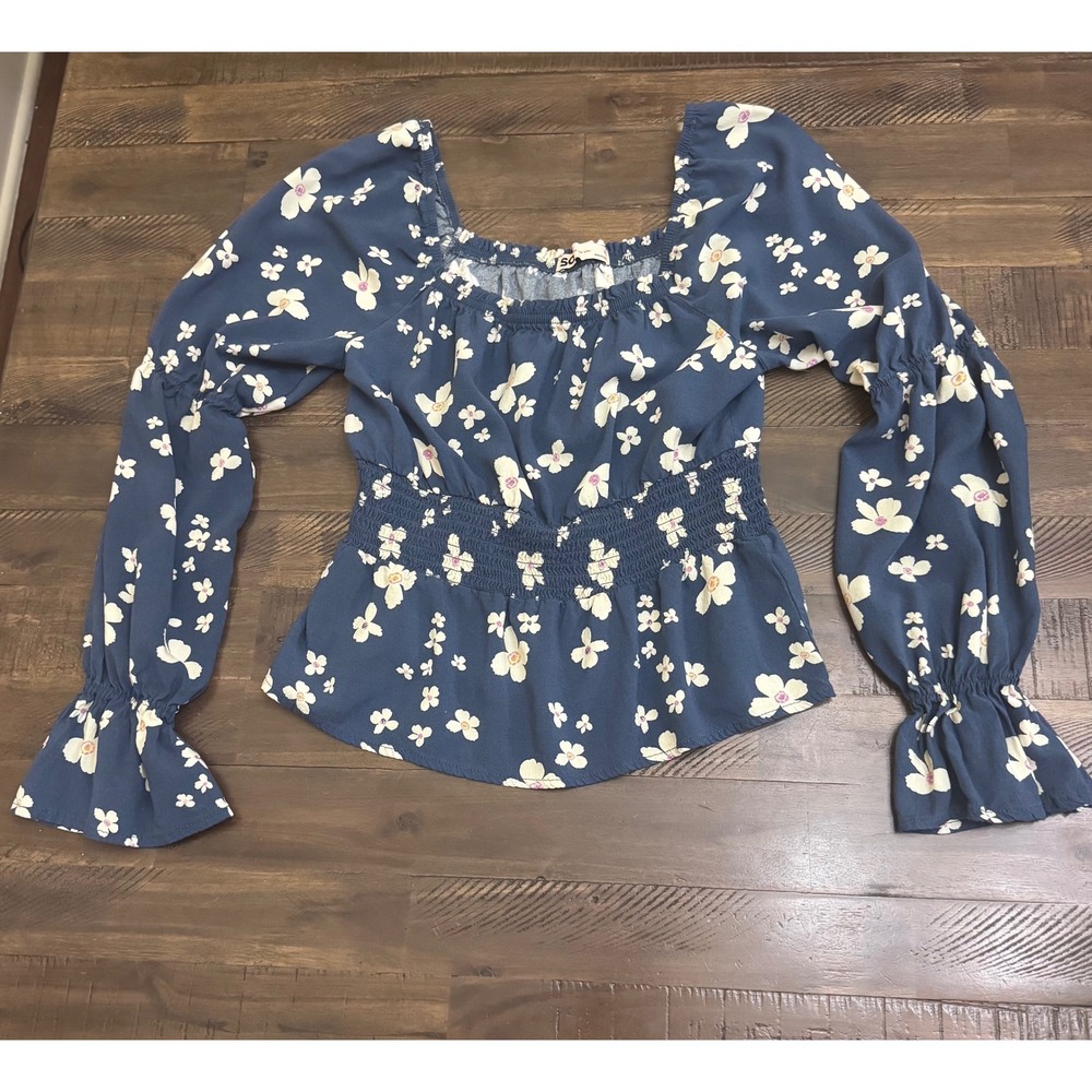 SO Blouse Medium Blue Excellent Floral Smocked Peplum Long Sleeve Square Neck